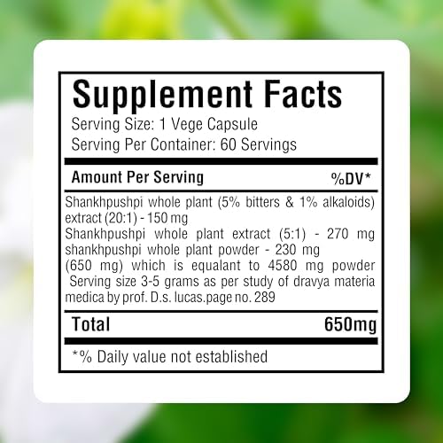 Herbsforever Shankhpushpi(Convolvulus pluricaulis)-Extra Strength(20:1) Extract, Equiv. to 4580mg Plant Powder Per Serving-Brain Tonic & Cognitive Focus|5% Bitters & 1% Alkaloid|60Veg Capsules|650mg