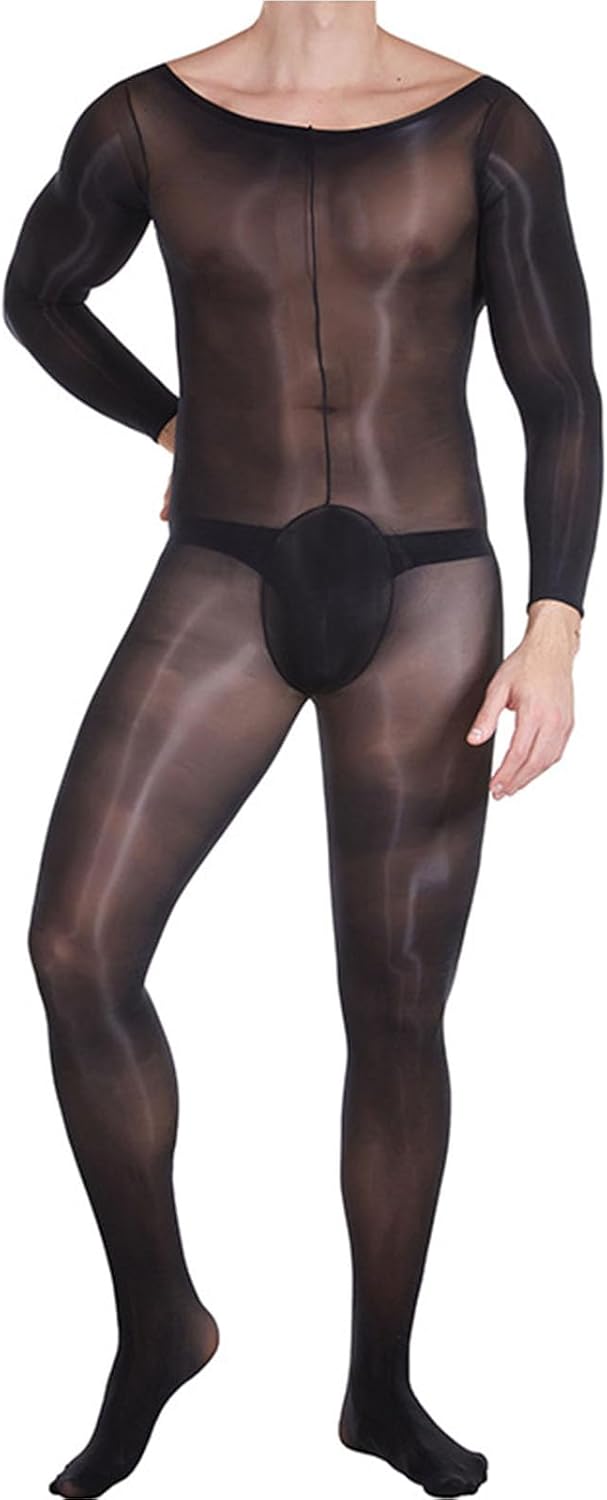 HTRUIYA Mens Shiny Bodystocking Long Sleeve Full Body Pantyhose Sexy Mens Lingeries Overall Jumpsuit 8DEN