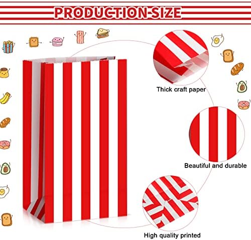 Dianelhall 28 Pcs Striped Party Favor Bags Kraft Paper Treat Candy Goodie Gifts Bags for Circus Carnival Party Halloween Christmas Valentines Birthday Favors(Red and White)