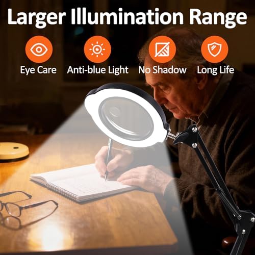 10X 30X Magnifying Glass with Light, Desktop LED Magnifying Lamp with Clamp, 5 Color Modes, 10 Dimmable Levels Lighted Magnifying Glass, Magnifying Glass for Reading, Crafts, Jewelry, Sewing