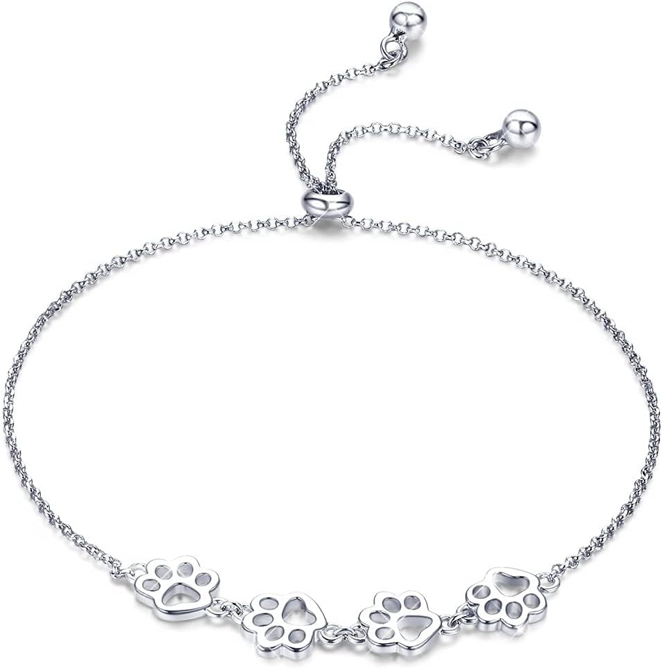 BISAER 925 Sterling Silver Paw Print Charm Bracelet for Women Cute Cat Dog Paw Bracelet Adjustable Slider Bracelet for Dog Pet Lover Jewelry Gifts