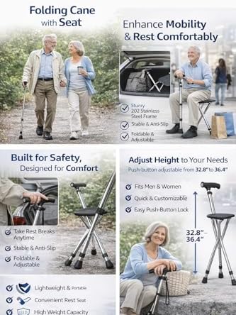 Walking Cane with Seat for Seniors – Foldable Lightweight Cane with Seat, LED Light, Adjustable Height 31.9"–35.8", Portable Seat for Elderly, Stainless Steel Walking Stick Supports 330 lbs, Non-Slip