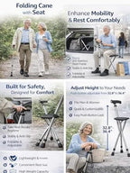 Foldable Walking Cane Seat with LED Light, Adjustable Height Portable Walking Stick Chair for Seniors, Lightweight Aluminum Mobility Aid with Non Slip Feet, Supports Up to 400 lbs