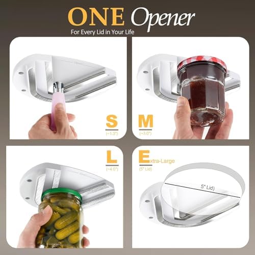 Mount-on Cabinet Jar Opener for Weak Hands,Seniors with Arthritis,Double U Shaped Grooves Grip Bottle Opener for Any Size Lid,304 Stainless Steel One-Handed Can Opener Tool for Home Assistance,White