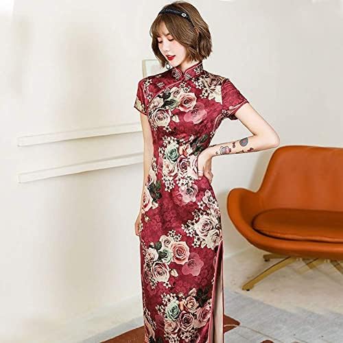 Women's Modern Cheongsam Maxi Dress Floral Print Short Sleeve Slim Fit Ankle Length Bodycon Qipao Tradtional Chinese Dress