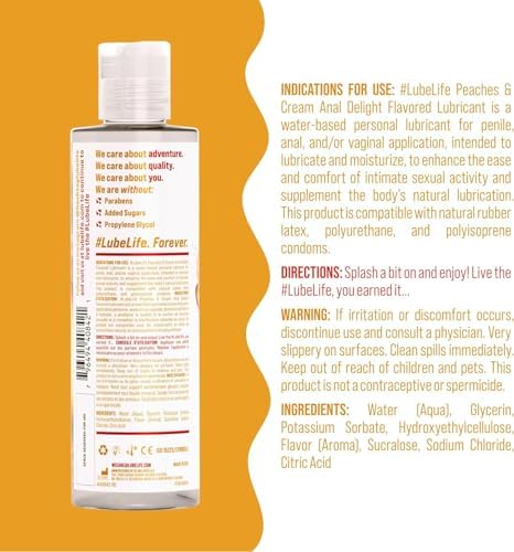 LubeLife Water-Based Peaches & Cream Anal Delight Flavored Personal Lubricant, Toy-Safe lube for Men, Women and Couples, Non-Staining, 8 Fl Oz