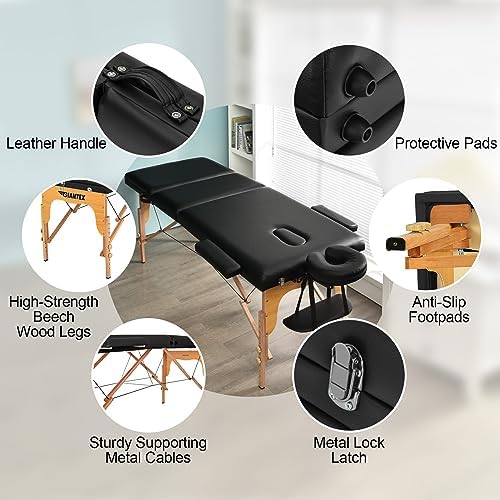 Giantex 84inch Folding Massage Table Lash Bed, Portable 3 Sections Spa Salon Tattoo Bed with Face Cradle Armrests Wooden Legs, Professional Massage Bed Height Adjustable with Carry Case (Black)