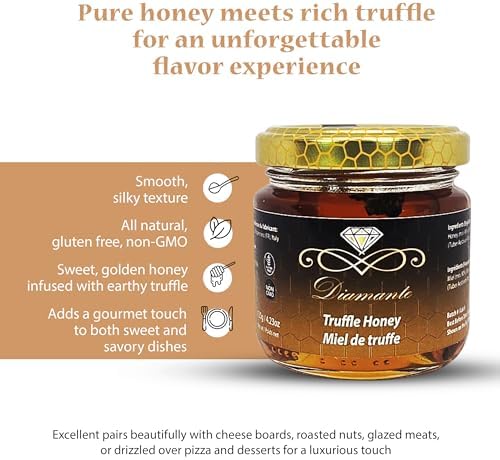 Diamante Italy Truffle Honey - Italian Luxurious Gourmet Flavored Honey with 3% Black Truffle - Ideal for Charcuterie Board & Cheese Plate - Non GMO & Made in Italy - 120g