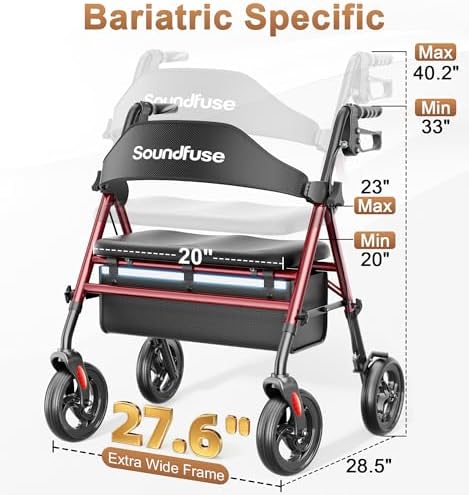 SOUNDFUSE Bariatric Walker for Seniors with Extra Wide Seat, 500lb Heavy Duty Rollator Walker, Handle & Seat Height Adjustable, Foldable Rolling Walkers with 8" All-Terrain Wheels