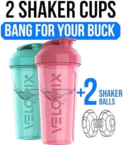 VELOMIX -2 Pack- 28 oz Protein Shaker Bottles for Protein Mixes - 2x Wire Whisk | Leak Proof Shaker Cups for Protein Shakes | Protein Shaker Bottle Pack (Pink/Turquise)