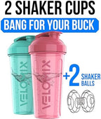 VELOMIX -2 Pack- 28 oz Protein Shaker Bottles for Protein Mixes - 2x Wire Whisk | Leak Proof Shaker Cups for Protein Shakes | Protein Shaker Bottle Pack (Pink/Turquise)