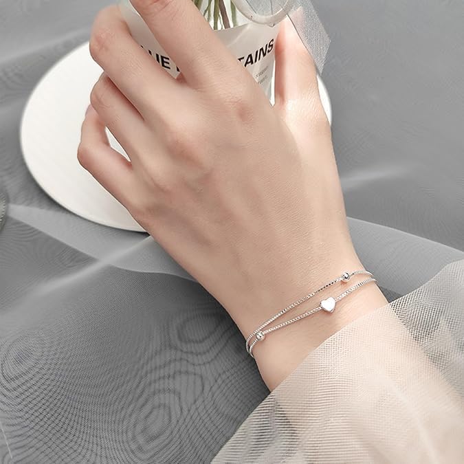 925 Sterling Silver Bracelet for Women, Love Heart Charm Chain Bangle Fashion Jewelry Gifts