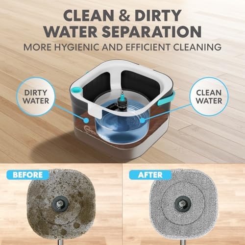 Simpli-Magic 360° Square Spin Mop and Bucket System – Dual Compartment, Separate Clean & Dirty Water – 3 High-Absorbent Microfiber Washable Heads – All Types Floor Cleaning