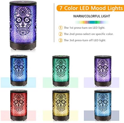 Skull Essential Oil Diffuser, Daroma 100ml Metal Aromatherapy Ultrasonic Cool Mist Humidifier Air Scent Home Office Gift, 7 Colors Changed LED Mood Light, Waterless Auto-Off