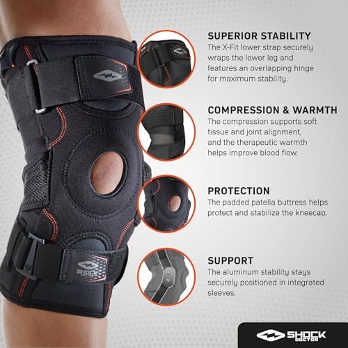 Shock Doctor Knee Brace, Compression Knee Brace for Men & Women, Hinged Knee Brace with Side Stabilizers, Maximum Support, Adjustable Dual Hinges, Knee Braces and Knee Support