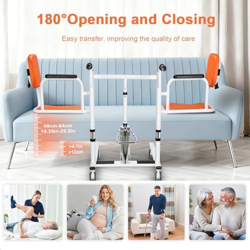 Patient Lift Transfer Chair for Home, 440lbs Capacity, 4 in 1 Patient Lift Transfer Chair with 180° Split Seat, Upgraded Rod for Height Adjustable, for Elderly Transfer to Bed/Toilet (Orange)