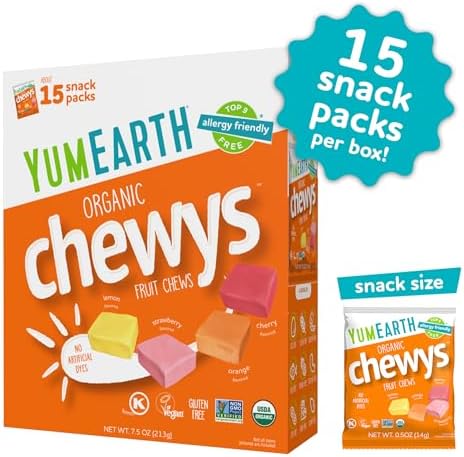 YumEarth Organic Chewys Fruit Flavored Candy Chews - Allergy Friendly, Gluten Free, Non-GMO, Vegan, No Artificial Dyes - Assorted Flavors, 7.5 oz.