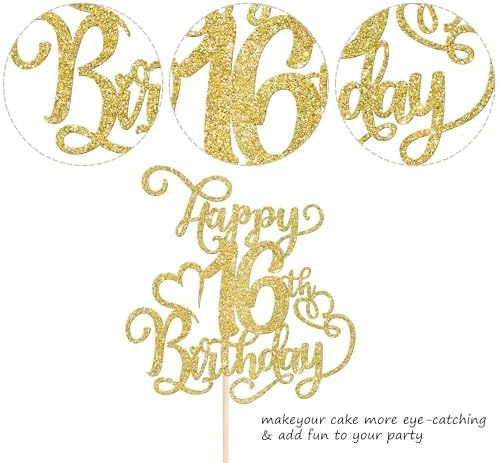 Rsstarxi 1 Pack Gold Glitter Happy 16th Birthday Cake Topper Cheers to 16 Years Old 16 Fabulous Cake Pick 16th Birthday Cake Decoration for Happy 16th Birthday Anniversary Party Decorations