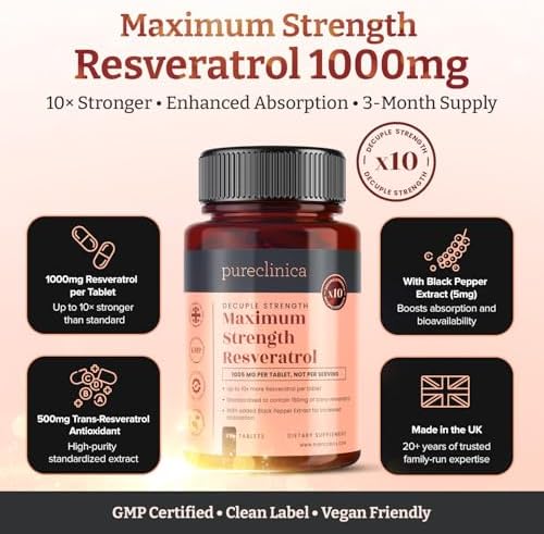 pureclinica Maximum Strength Resveratrol 1000mg x 360 Tablets - (4 Bottles of 90-12 Months Supply). 10 x Strength w/Black Pepper Extract