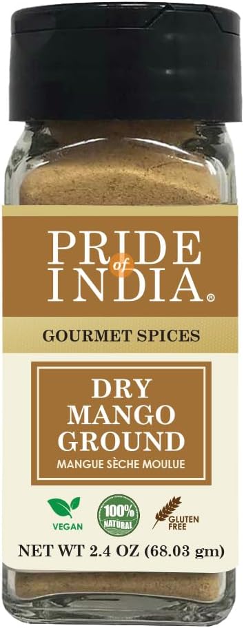 Pride of India Dry Mango Powder 2.2 oz | Gourmet Amchur Powder Ground Spice | Aromatic, Tangy & Savory Mango Seasoning for Cooking, Baking, Marinades, Curry, Sauces & Chutney | No Fillers, Easy to Use