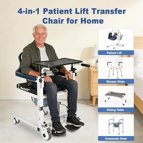 4 in 1 Hydraulic Patient Lift Transfer Chair, 180° Split Seat, 350lbs Capacity, Height Adjustable Nursing Wheelchair with Potty, Dining Table, for Elderly Disabled Home Care