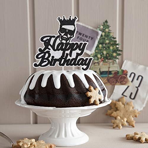 Pirate Skull Happy Birthaday Cake Topper - Novelty Glitter Crossbones Halloween Cake Décor - Autumn Fall Festival Party - Adult Ceremony Kids Birthday Derocation