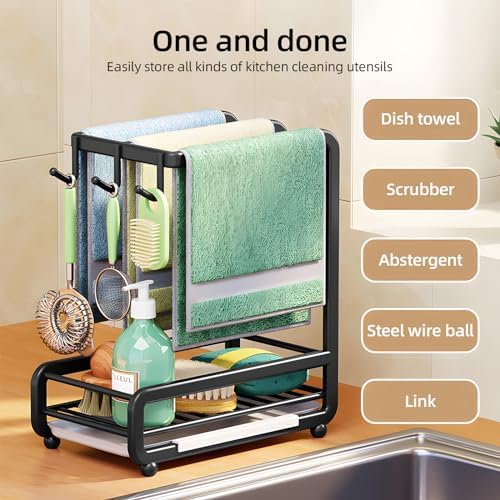 Buachois Kitchen Sink Caddy Organizer,Carbon Steel Wall Mounted or Countertop Sink Caddy Sponge Holder with Removable Drip Tray, Kitchen Sink Organizer for Sponge