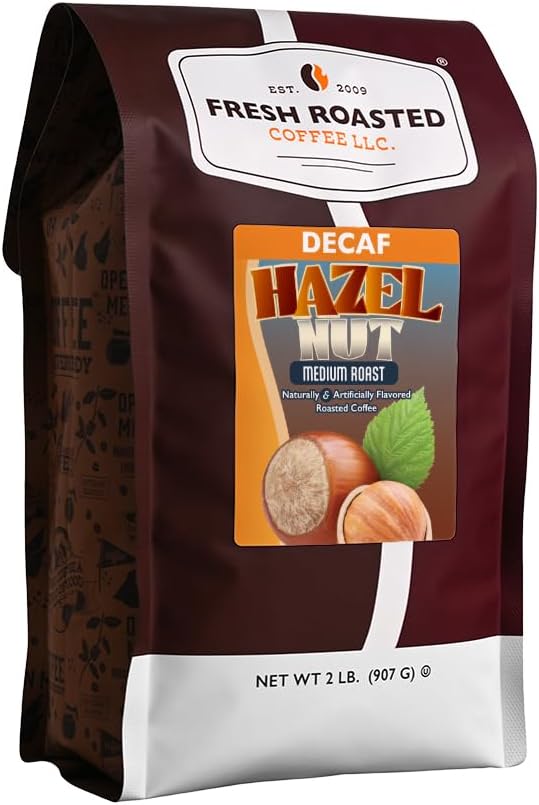 Fresh Roasted Coffee, Decaf Hazelnut Flavored Coffee, 2 lb (32 oz), Medium Roast, Kosher, Whole Bean