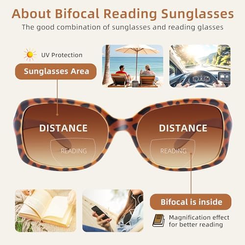 JM 2 Pack Classic Bifocal Reading Glasses Square Stylish Gradient Sunglasses Readers for Women +2.5
