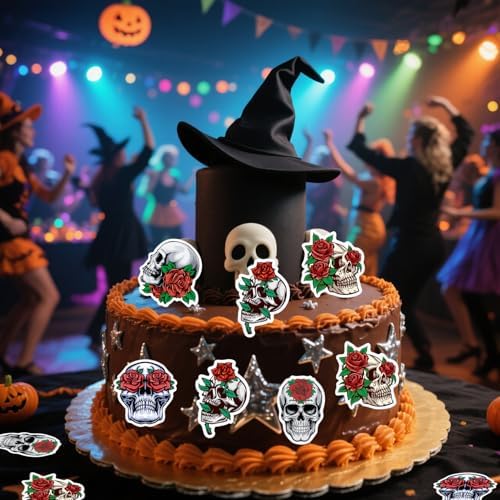 45PCS Edible Skull Cupcake Toppers Wafer Paper Halloween Skull Cupcake Toppers Roses Skull Cupcake Picks for Halloween Eve Theme Party Birthday Baby Shower Decor Supplies