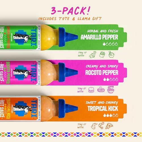 Tari Hot Sauce Llama Pack - Hot Sauce Variety Pack with Aji Rocoto, Aji Amarillo, Tropical Kick 11.8oz each - Comes with Gift Tote Bag & Llama Toy