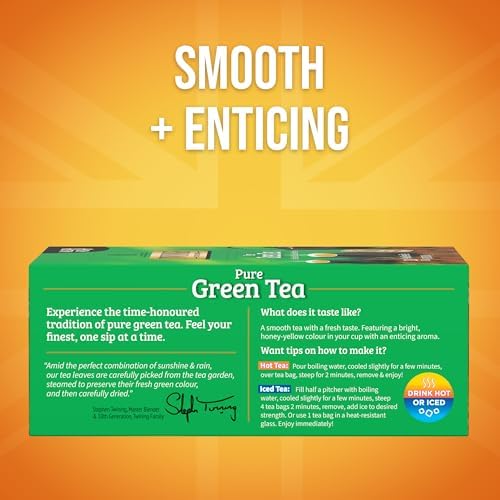 Twinings Pure Green Tea Individually Wrapped Bags, 100 Count (Pack of 1), Smooth & Refreshing, Caffeinated, Enjoy Hot or Iced, 100 Teabags
