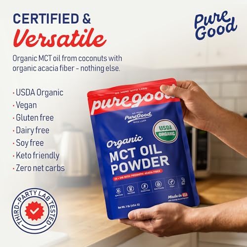 PureGood Organic MCT Oil Powder with Prebiotic Fiber, 1 Pound (16 oz) | C8 & C10 from Coconuts | MCT Oil Coffee Creamer, Unflavored | Non-GMO, Vegan, Kosher, Gluten Free
