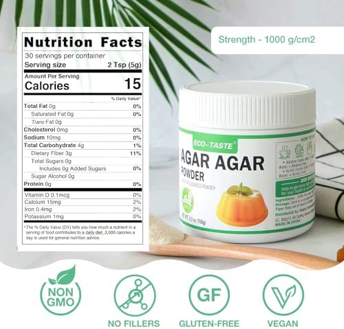 Agar Agar Powder 1000 Strength, 100% Natural Seaweed, Vegan Gelatin Substitute, Gluten-free, Non-GMO, Planted-Based, Unflavored, 5.3 oz (150g)