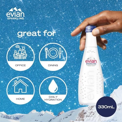 evian Sparkling Carbonated Natural Water 330ml Glass Bottle, Case of 20 Bottles