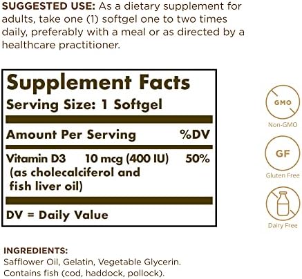 Solgar Vitamin D3 (Cholecalciferol) 10 MCG (400 IU) 250 Softgel
