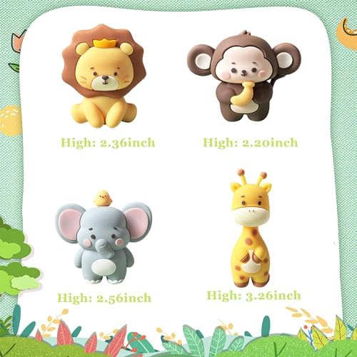 10 Pcs Jungle Safari Animal Cake Toppers with Elephant Giraffe Lion Monkey Glittery Tropical Leaves, Cute Jungle Animals Cake Decoration for Jungle Themed Party Birthday Party