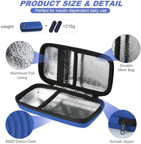 CDBXPRG Insulin Cooler Travel Case,Diabetic Cold Pack Organizer Bag with 2 Reusable Ice Packs for Insulin Pen and Other Medication Diabetic Supplies Blue