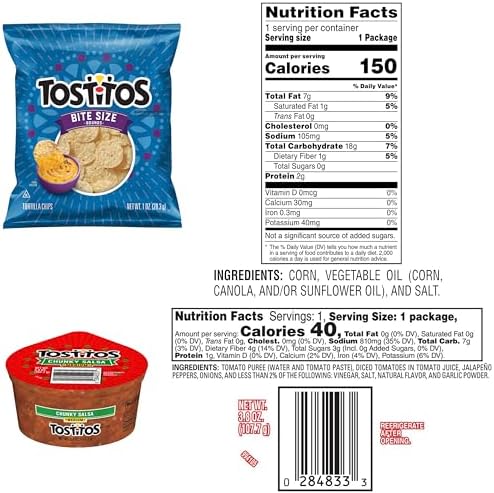 Frito Lay Tostitos Bitesize Rounds Chips and Salsa Dip Cups Variety Pack, (Pack of 24), Vegetarian, Blue