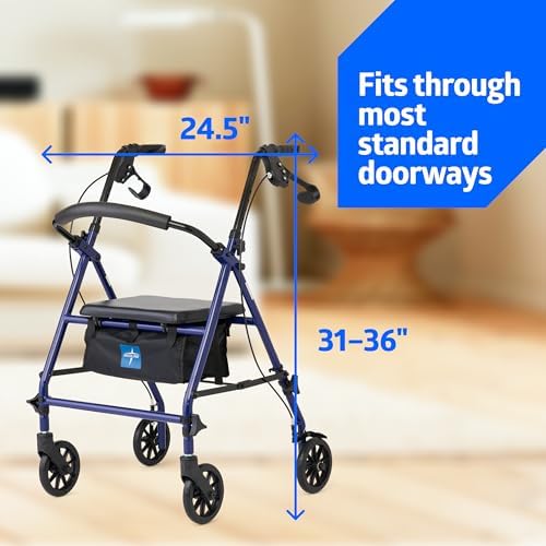 Medline Steel Rollator Walker with Seat, Blue, 350 lb. Weight Capacity, 6” Wheels, Foldable, Adjustable Handles, Rolling Walker for Seniors and Elderly, Walker for Mobility Impaired