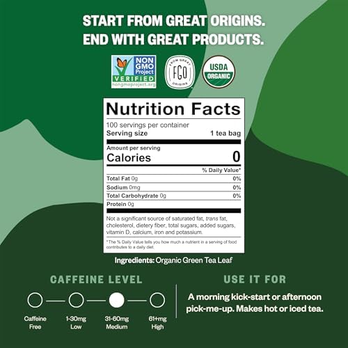 FGO Organic Green Tea, 100 Count Eco-Conscious Tea Bags, Caffeinated, Resealable Pouch, Packaging May Vary (Pack of 1)