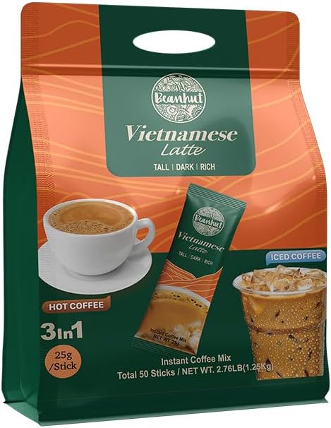 Beanhut's Vietnamese Latte, Instant Coffee Mix, 3 in 1 Coffee Mix, 25g x 50 sticks(2.75 lb)