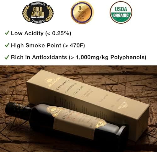Entimio Intenso Organic Italian Extra Virgin Olive Oil from Italy, 1,000+ mg/kg High in Polyphenols, 2025 Gold Winner, Puglia Early Harvest evoo, Cold Extracted, Lab Tested - 16.9 fl oz