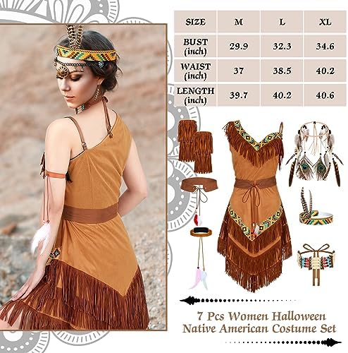 Toulite 7 Pcs Halloween Native Costume Indian Costume Maiden Women Costume American Dress Outfit for Women