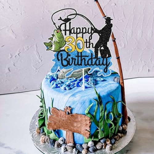 Fishing Happy 30th Birthday Cake Topper - Man Fisherman Theme Cake Decor - Fisherman 30 Years Old Party Decorations - Gone Fishing Themed Thirty Birthday Party Supplies