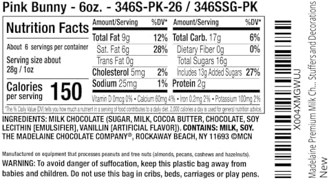 Madelaine Premium Milk Chocolate Bunny - 6 OZ Chocolate Easter Bunny Wrapped in Pink Foil - Easter Candy Basket Stuffers and Decorations