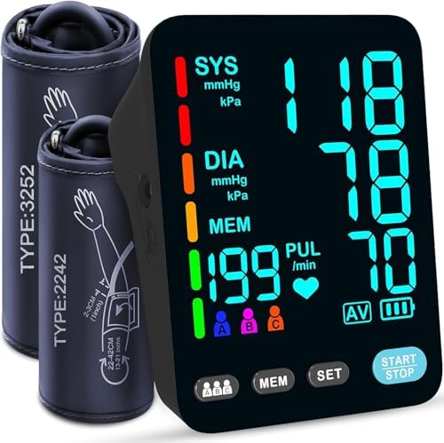 Blood Pressure Monitor, Automatic Upper Arm Blood Pressure Monitors for Home Use, 2 Blood Pressure Machine Cuff(9-17in & 13-21in) with Large LED Backlit Display, 3x199 Reading Memory Users Black