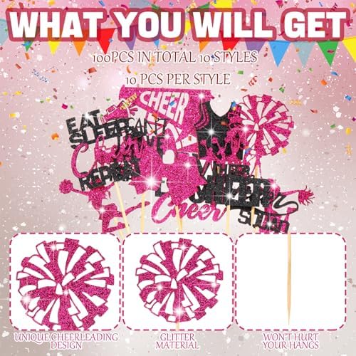 100 Pcs Glitter Cheerleader Cupcake Toppers Cheerleading Gymnastics Cupcake Picks Cheer Party Decorations Cheer Team Cake Decorations for Birthday Party Favors Supplies