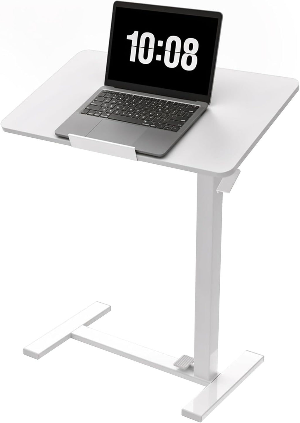 DUMOS Adjustable Overbed Bedside Table with Hidden Wheels, Mobile Standing Desk with Pneumatic Lift, Portable Computer Workstation Cart for Bed, Couch, Office, Sofa, White