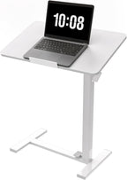 DUMOS Adjustable Overbed Bedside Table with Hidden Wheels, Mobile Standing Desk with Pneumatic Lift, Portable Computer Workstation Cart for Bed, Couch, Office, Sofa, White